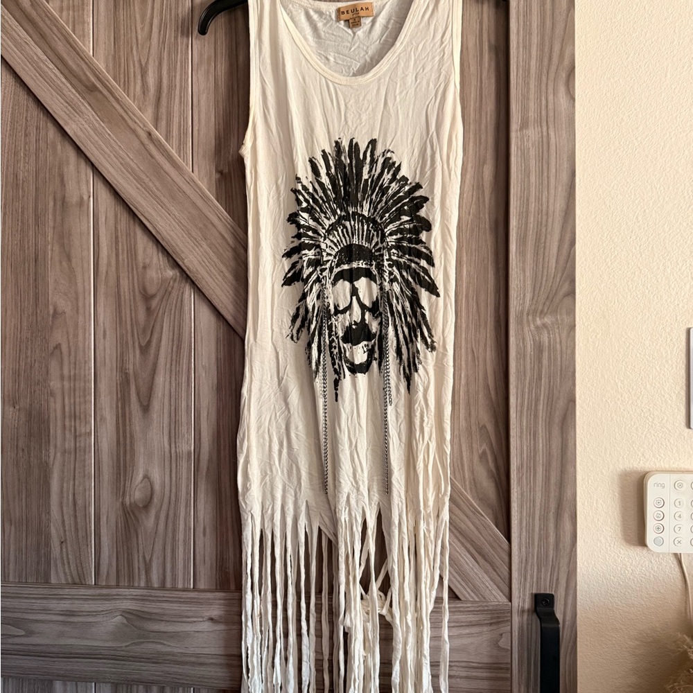 Beulah White Fringe Dress with Black Graphic